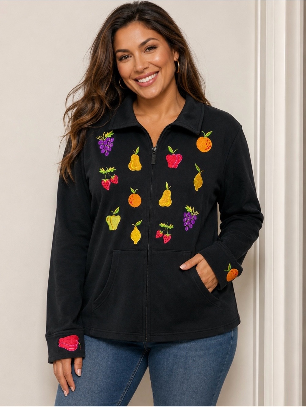 BOB MACKIE Wearable Art Women's Black Fruit Motif Embroidered Jacket Size Large